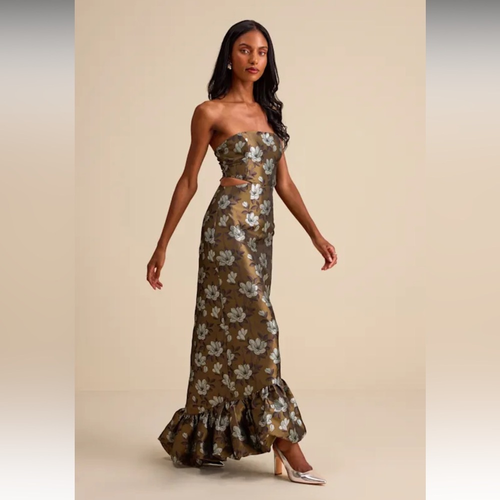 Nathania Olive Floral Jacquard Strapless Bubble-Hem Maxi Dress NWT